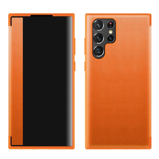 For Samsung Galaxy S22 Ultra 5G Window View Leather Phone Case(Orange) by buy2fix