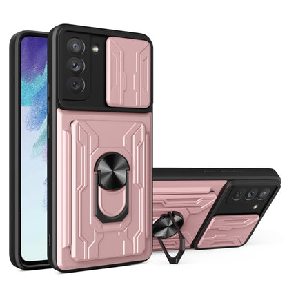 For Samsung Galaxy S21 FE 5G Camera Cover Phone Case with Card Slot & Holder(Rose Gold) by buy2fix