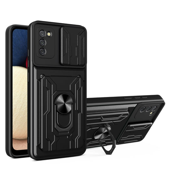 For Samsung Galaxy A02s EU Version Camera Cover Phone Case with Card Slot & Holder(Black)