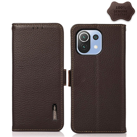 For Xiaomi Mi 11 Lite 5G / Mi 11 Lite KHAZNEH Side-Magnetic Litchi Genuine Leather RFID Phone Case(Brown) - Xiaomi Cases by buy2fix | Online Shopping UK | buy2fix