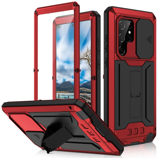 For Samsung Galaxy S22 Ultra 5G R-JUST Sliding Camera Metal + Silicone Holder Phone Case(Red) - Samsung Accessories by R-JUST | Online Shopping UK | buy2fix