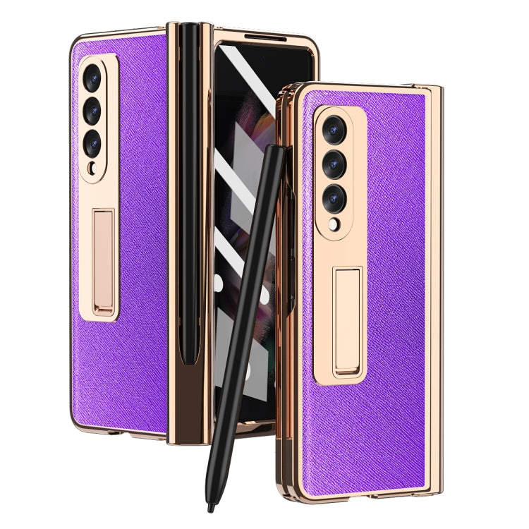 For Samsung Galaxy Z Fold3 5G Electroplated Hinge Pen Slot Cross Phone Case(Purple) by buy2fix