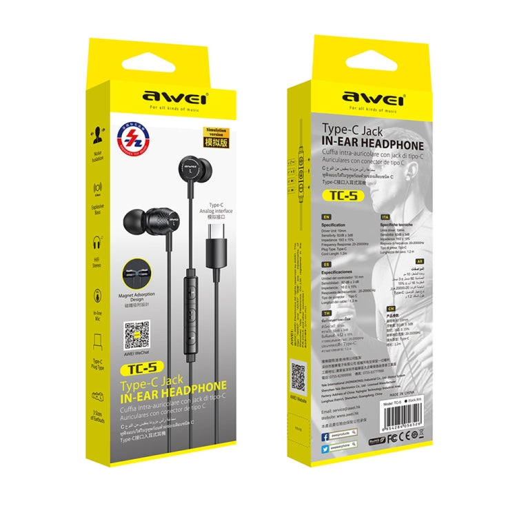 awei TC-5 Type-C / USB-C Mini Stereo In-ear Wired Earphone(Black) - Type-C Earphone by awei | Online Shopping UK | buy2fix