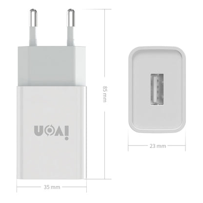 IVON AD-33 2 in 1 2.1A Single USB Port Travel Charger + 1m USB to 8 Pin Data Cable Set, EU Plug(White) - Apple Accessories by IVON | Online Shopping UK | buy2fix