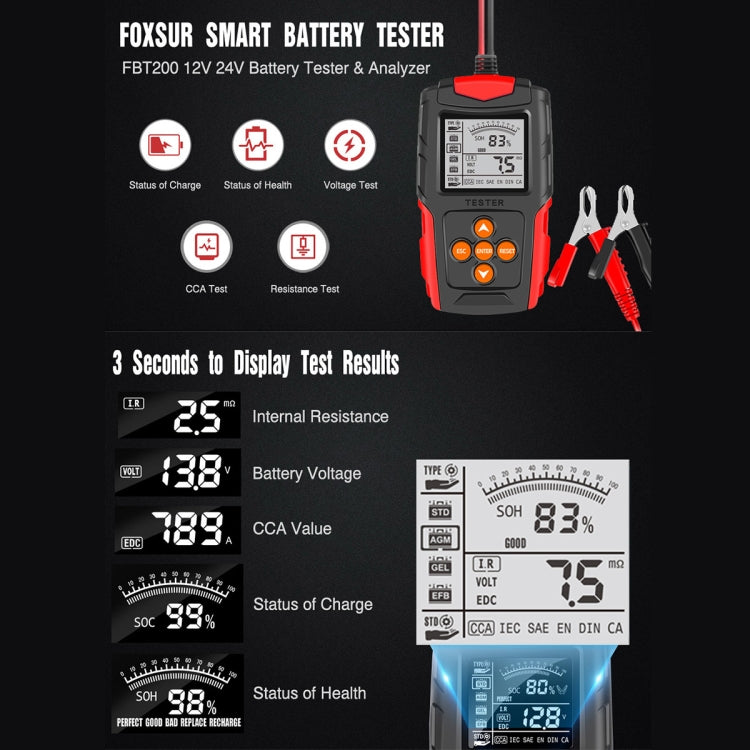 FOXSUR FBT200 12V / 24V Car Battery Tester(Orange) - In Car by FOXSUR | Online Shopping UK | buy2fix