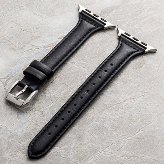 Genuine Leather Watch Band For Apple Watch Ultra 49mm&Watch Ultra 2 49mm / Series 9&8&7 45mm / SE 3&SE 2&6&SE&5&4 44mm / 3&2&1 42mm(Black) by buy2fix