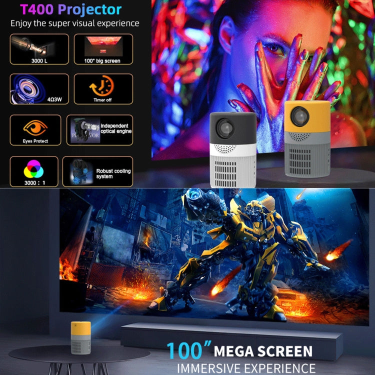 T400 100 inch Screen 3000 Lumens LED Mini Projector, Plug Type:EU Plug(Grey Yellow) - Consumer Electronics by buy2fix | Online Shopping UK | buy2fix