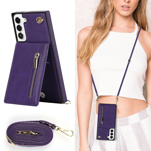 For Samsung Galaxy S22 5G Cross-body Square Zipper Card Holder Bag Phone Case(Purple) by buy2fix