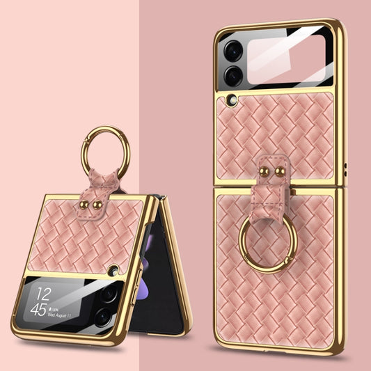 For Samsung Galaxy Z Flip3 5G GKK Integrated Plating Weave Texture Phone Case with Ring Holder(Pink) - Galaxy Phone Cases by GKK | Online Shopping UK | buy2fix