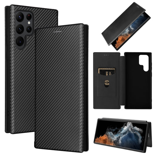 For Samsung Galaxy S22 Ultra 5G Carbon Fiber Texture Horizontal Flip Leather Phone Case(Black)