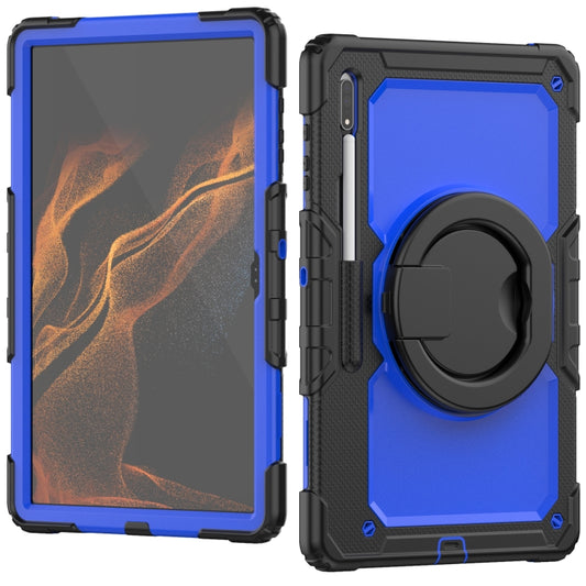 For Samsung Galaxy Tab S8 Ultra Shoulder Strap Silicone + PC Tablet Case(Black Blue) by buy2fix