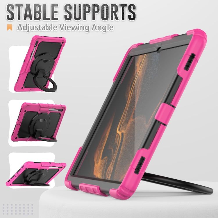 For Samsung Galaxy Tab S8 Ultra Shoulder Strap Silicone + PC Tablet Case(Rose Red Black) by buy2fix