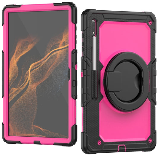 For Samsung Galaxy Tab S8 Ultra Shoulder Strap Silicone + PC Tablet Case(Black Rose Red) by buy2fix