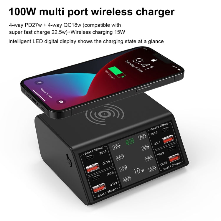 838w 9 in 1 100W 4 PD 3.0 USB-C / Type-C + 4 QC 3.0 USB Ports Smart Digital Display Wireless Charger, EU Plug(Black) - Multifunction Charger by buy2fix | Online Shopping UK | buy2fix