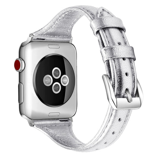 Genuine Leather Watch Band For Apple Watch Series 8&7 41mm / SE 2&6&SE&5&4 40mm / 3&2&1 38mm(Silver) by buy2fix