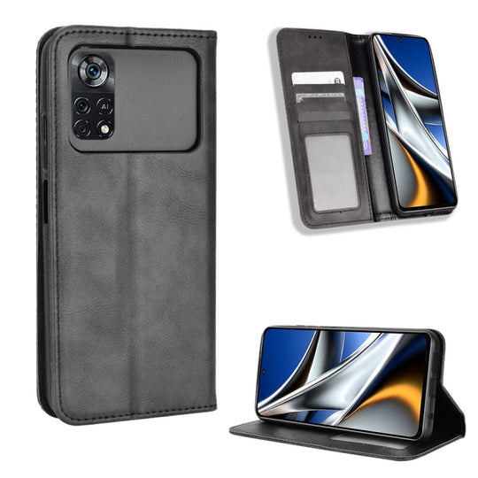 For Xiaomi Poco X4 Pro 5G Fine Hole Magnetic Buckle Retro Texture Leather Phone Case(Black)