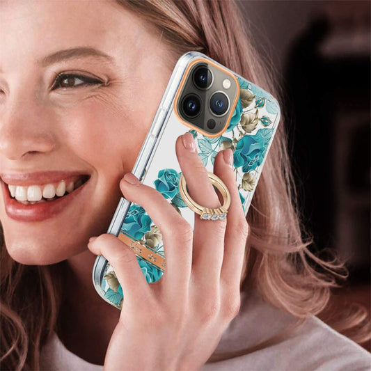 For iPhone 13 Pro Max Ring IMD Flowers TPU Phone Case (Blue Rose) by buy2fix