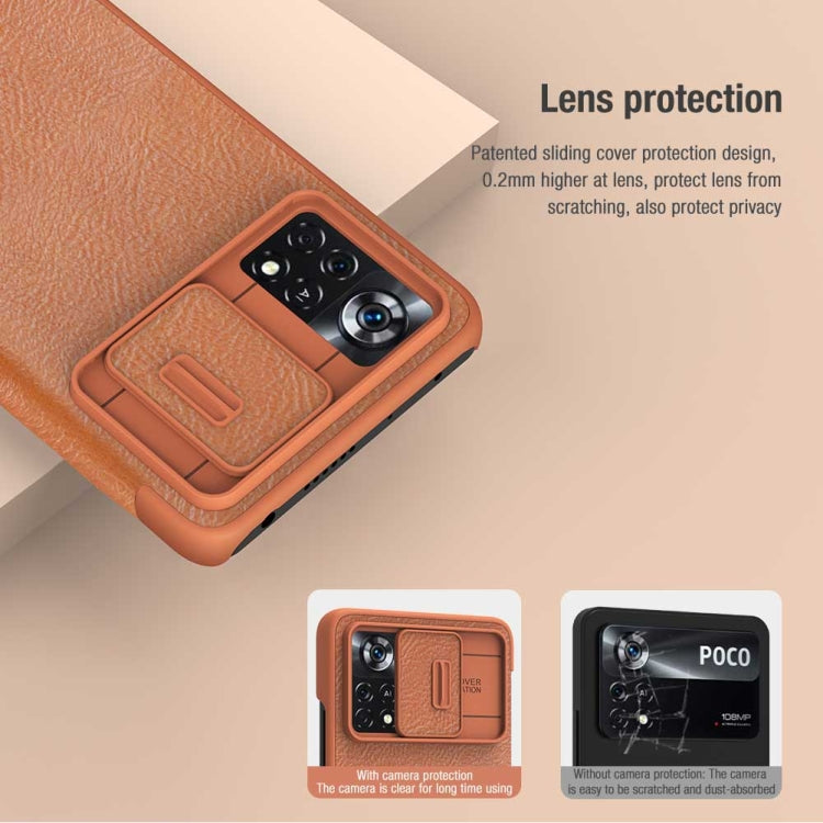 For Xiaomi Poco X4 Pro 5G NILLKIN QIN Series Pro Sliding Camera Cover Leather Phone Case(Brown) - Xiaomi Cases by NILLKIN | Online Shopping UK | buy2fix