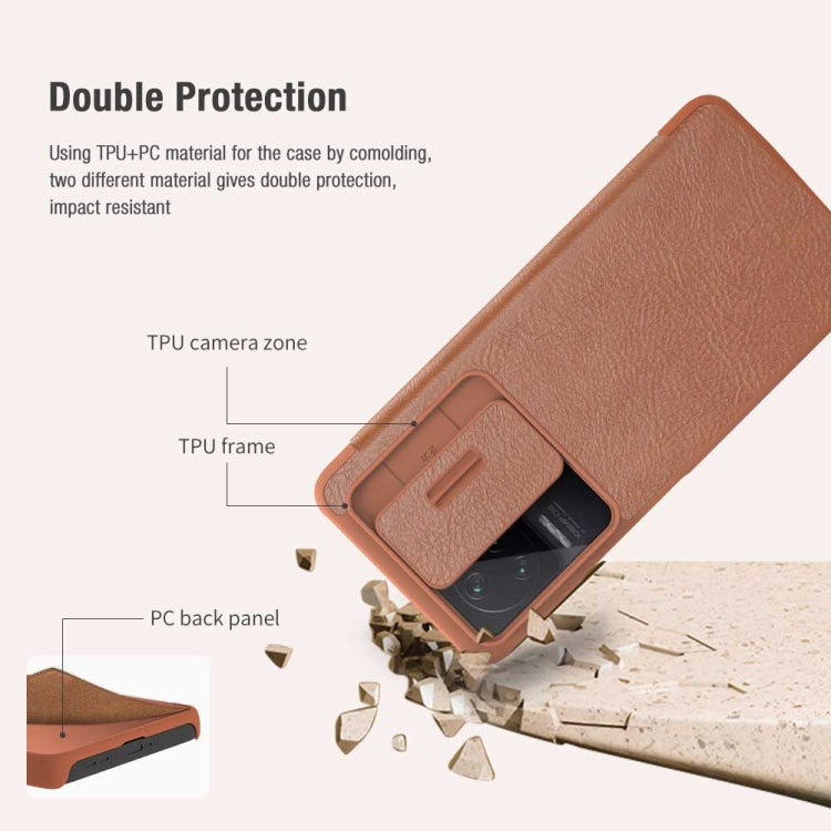 For Xiaomi Redmi K50 / K50 Pro NILLKIN QIN Series Pro Sliding Camera Cover Leather Phone Case(Brown) - Xiaomi Cases by NILLKIN | Online Shopping UK | buy2fix