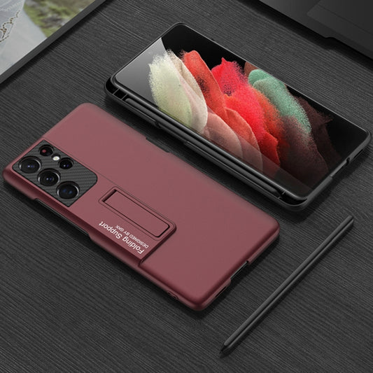 For Samsung Galaxy S21 Ultra 5G GKK Ultra-thin Shockproof Phone Case with Holder & Pen Slots & Stylus Pen(Red) by GKK