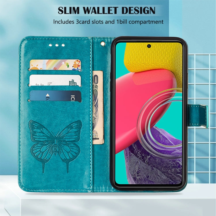 For Samsung Galaxy M33 5G Embossed Butterfly Leather Phone Case(Blue) by buy2fix