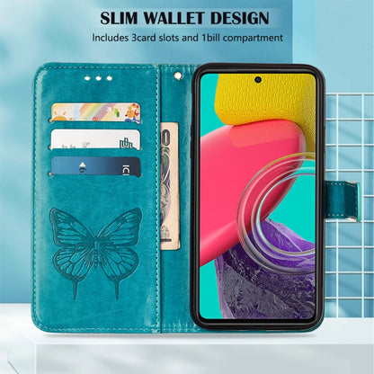 For Samsung Galaxy M33 5G Embossed Butterfly Leather Phone Case(Blue) by buy2fix