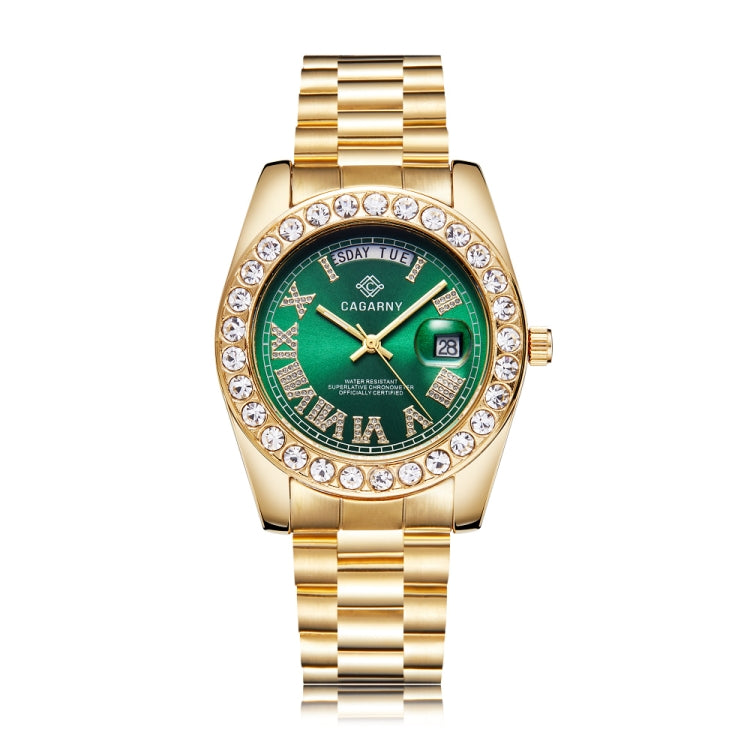 CAGARNY 6886 Diamond-encrusted Roman Numeral Dial Quartz Watch for Men(Gold Shell Green Dial) - Metal Strap Watches by CAGARNY | Online Shopping UK | buy2fix