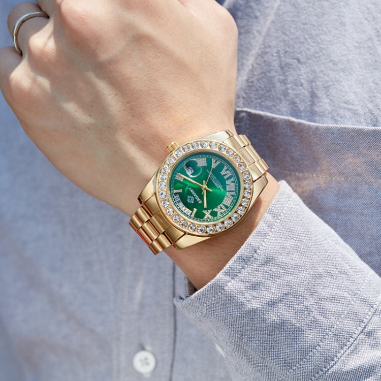 CAGARNY 6886 Diamond-encrusted Roman Numeral Dial Quartz Watch for Men(Gold Shell Green Dial) - Metal Strap Watches by CAGARNY | Online Shopping UK | buy2fix