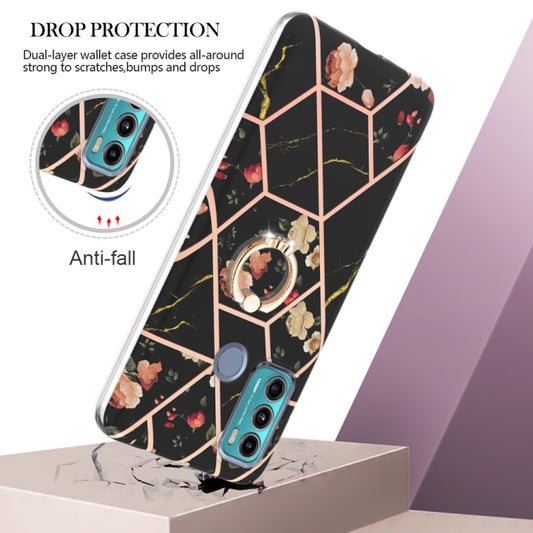 For Motorola Moto G60 / G40 Fusion Splicing Marble Flower Pattern TPU Ring Holder Case(Black Flower) by buy2fix