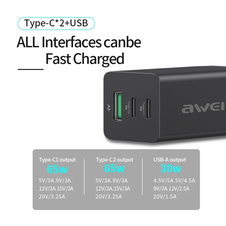 awei PD9 65W Dual Type-C / USB-C + USB GaN Fast Charging Travel Charger, EU Plug(Black) - Apple Accessories by awei | Online Shopping UK | buy2fix