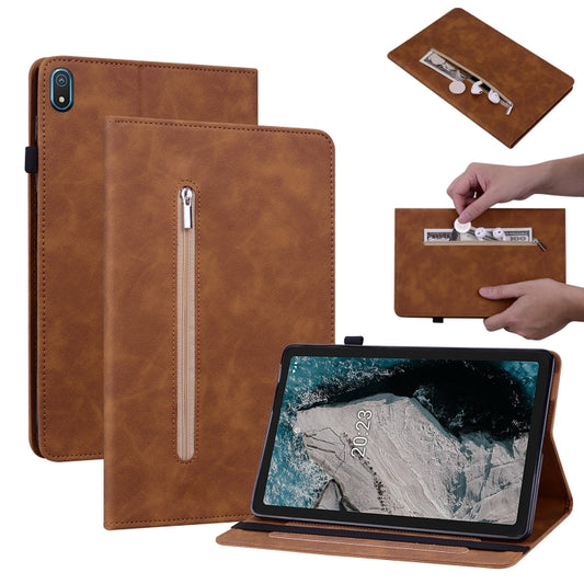 For Nokia T20 10.4 2021 Skin Feel Solid Color Zipper Leather Tablet Case(Brown) - Mobile Accessories by buy2fix | Online Shopping UK | buy2fix