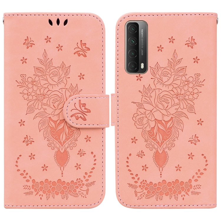 For Huawei P Smart 2021 / Y7a Butterfly Rose Embossed Leather Phone Case(Pink) by buy2fix