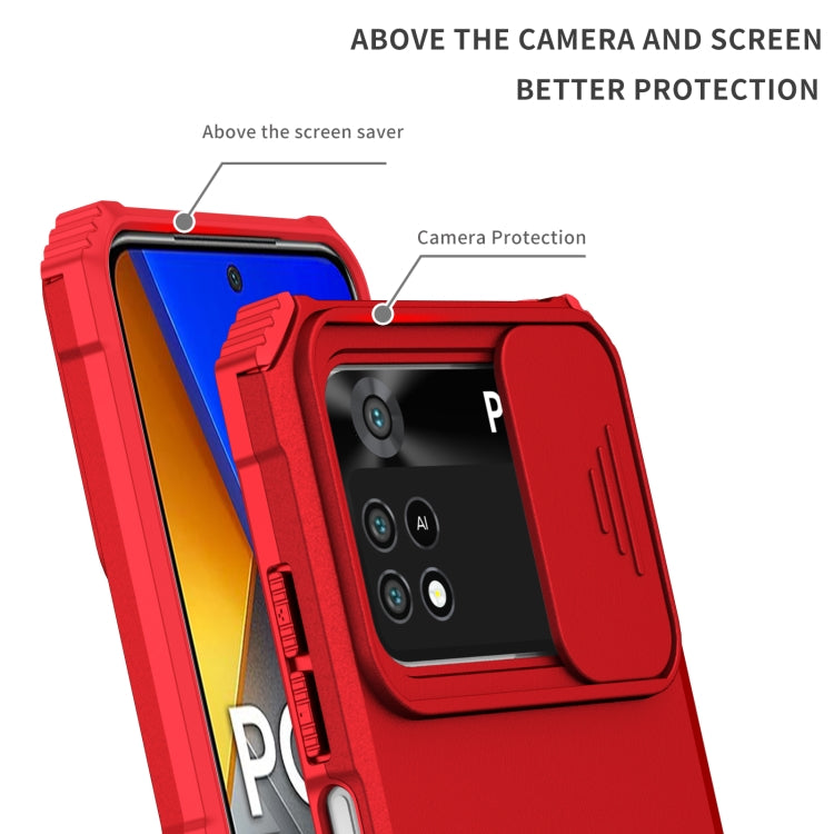 For Xiaomi Poco M4 Pro 4G Stereoscopic Holder Sliding Camshield Phone Case(Red) - Xiaomi Cases by buy2fix | Online Shopping UK | buy2fix