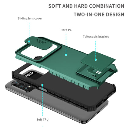 For Xiaomi Poco M4 Pro 4G Stereoscopic Holder Sliding Camshield Phone Case(Dark Green) - Xiaomi Cases by buy2fix | Online Shopping UK | buy2fix