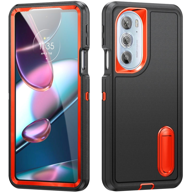 For Motorola Edge 30 Pro 3 in 1 Rugged Holder Phone Case(Black + Orange) - Mobile Accessories by buy2fix | Online Shopping UK | buy2fix