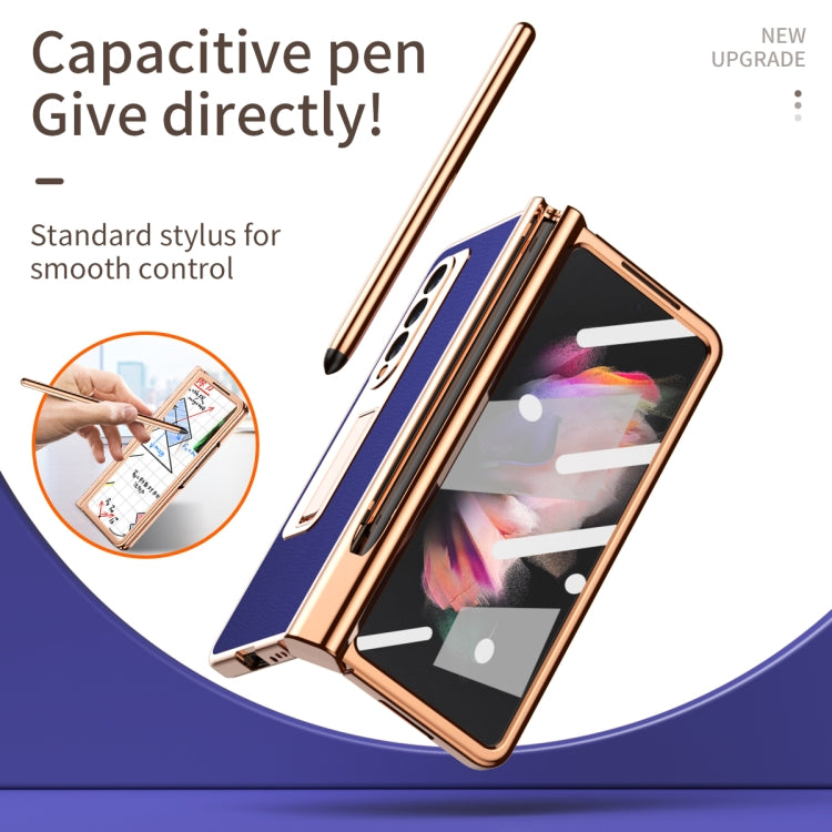 For Samsung Galaxy Z Fold3 5G Litchi Texture Leather Hinged Electroplated Phone Case with S Pen Fold Edition & Protective Film(Blue) - Galaxy Phone Cases by buy2fix | Online Shopping UK | buy2fix