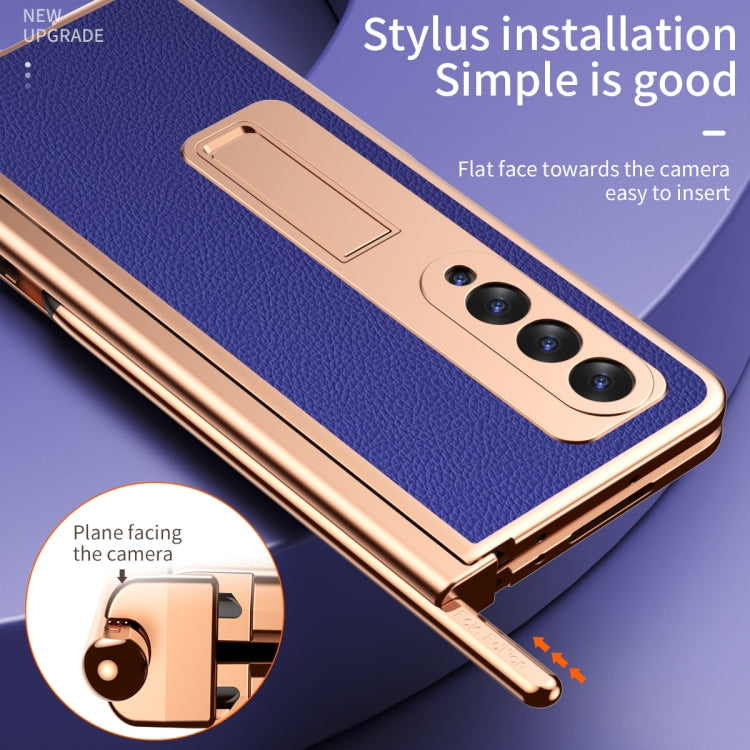 For Samsung Galaxy Z Fold3 5G Litchi Texture Leather Hinged Electroplated Phone Case with S Pen Fold Edition & Protective Film(Blue) - Galaxy Phone Cases by buy2fix | Online Shopping UK | buy2fix