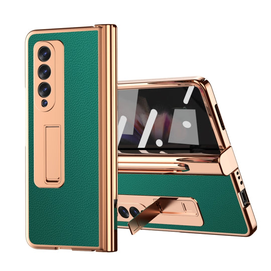 For Samsung Galaxy Z Fold3 5G Litchi Texture Leather Hinged Electroplated Phone Case with S Pen Fold Edition & Protective Film(Green)