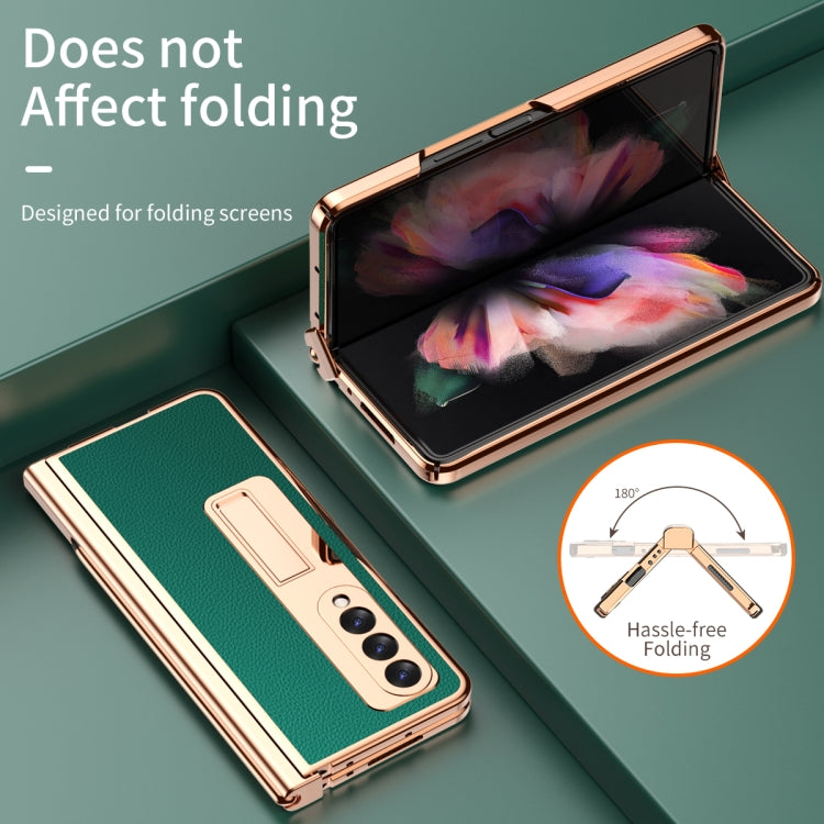 For Samsung Galaxy Z Fold3 5G Litchi Texture Leather Hinged Electroplated Phone Case with S Pen Fold Edition & Protective Film(Green) - Galaxy Phone Cases by buy2fix | Online Shopping UK | buy2fix