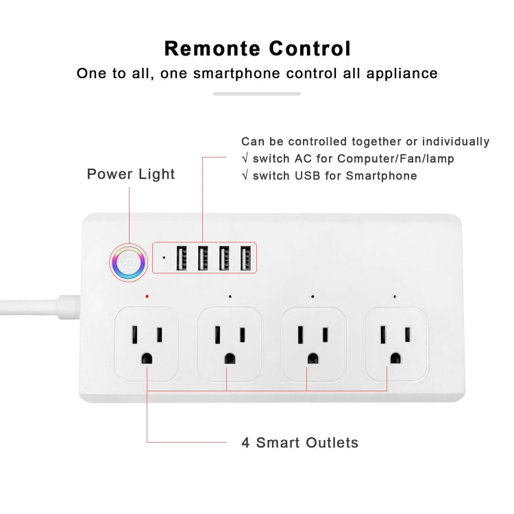 WiFi 10A SM-SO301-U 2500W 4 Holes + 4 USB Smart Power Strip, US Plug(White) - Consumer Electronics by buy2fix | Online Shopping UK | buy2fix