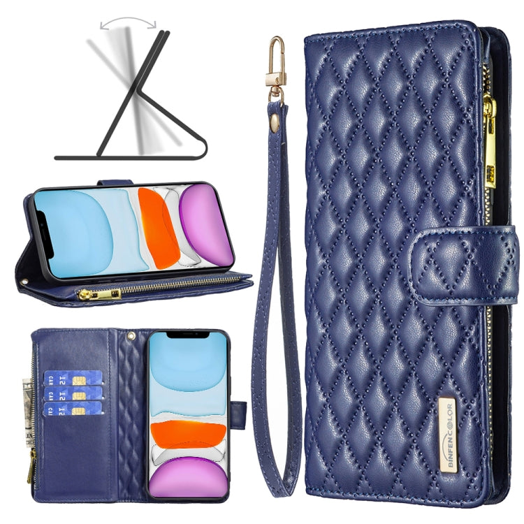 For iPhone 11 Diamond Lattice Zipper Wallet Leather Flip Phone Case (Blue) - iPhone 11 Cases by buy2fix | Online Shopping UK | buy2fix