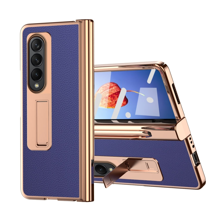 For Samsung Galaxy Z Fold4 Litchi Texture Leather Hinged Electroplated Phone Case with Pen(Blue) - Galaxy Z Fold4 5G Cases by buy2fix | Online Shopping UK | buy2fix