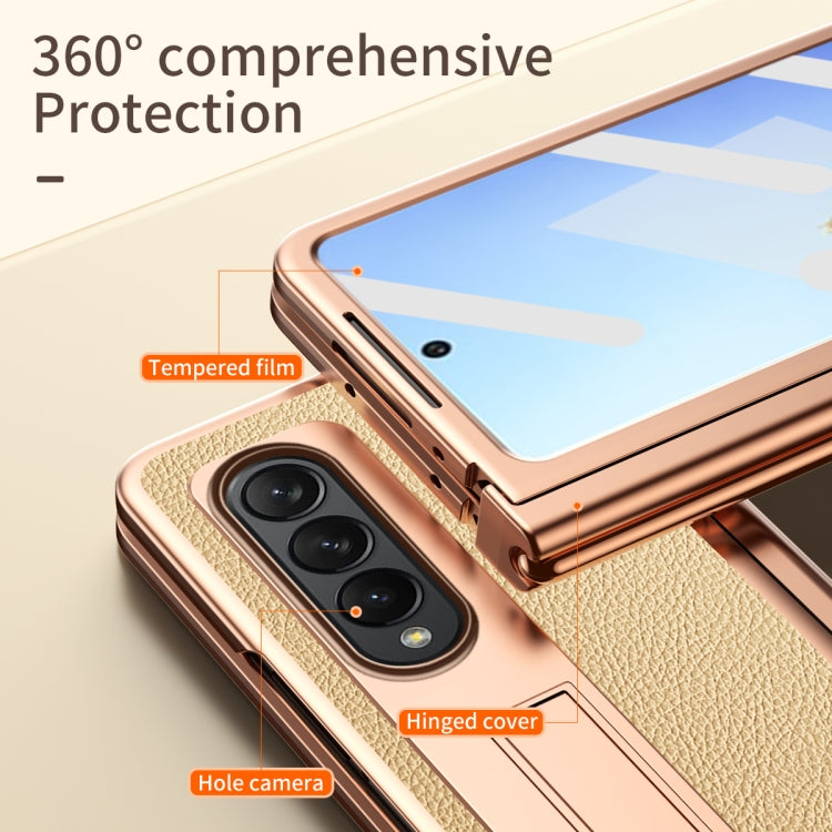 For Samsung Galaxy Z Fold4 Litchi Texture Leather Hinged Electroplated Phone Case with Pen(Gold) - Galaxy Z Fold4 5G Cases by buy2fix | Online Shopping UK | buy2fix