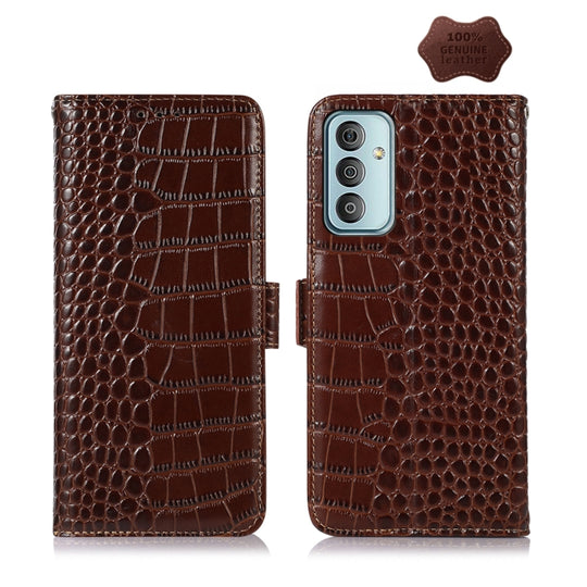 For Samsung Galaxy M13 4G Global Crocodile Top Layer Cowhide Leather Phone Case(Brown)
