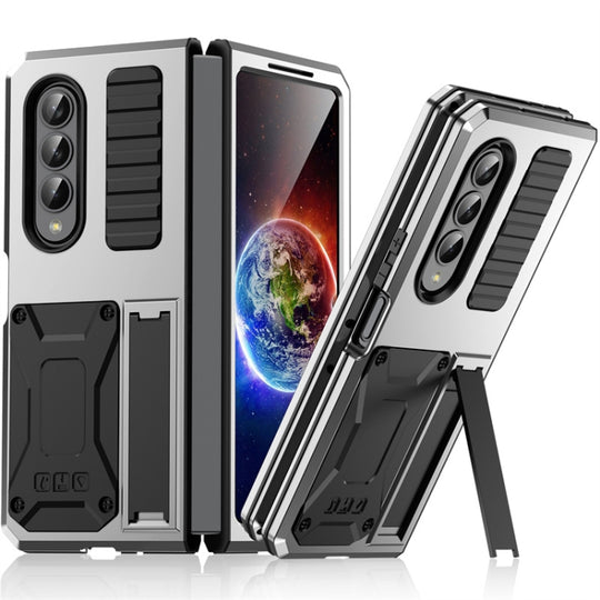 For Samsung Galaxy Z Fold4 Metal Shock-proof Phone Case With Holder(Silver)