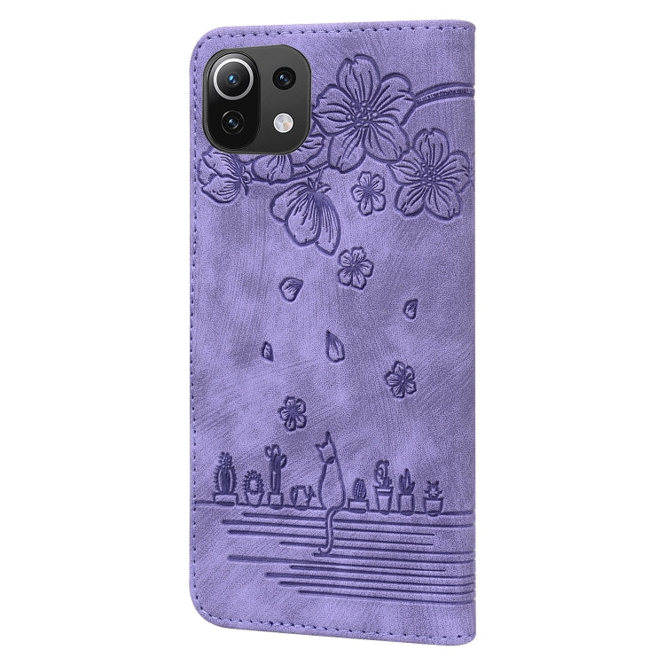 For Xiaomi Mi 11 Lite 4G / 5G Cartoon Sakura Cat Embossed Leather Phone Case(Purple) by buy2fix