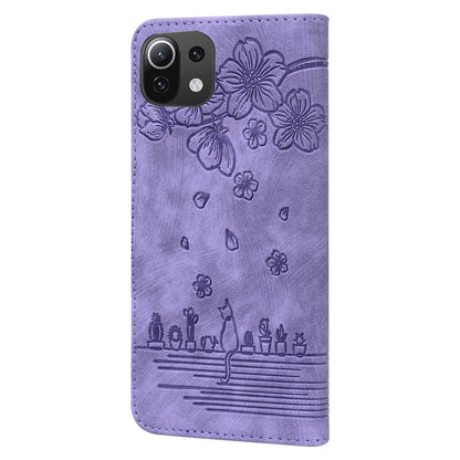 For Xiaomi Mi 11 Lite 4G / 5G Cartoon Sakura Cat Embossed Leather Phone Case(Purple) by buy2fix
