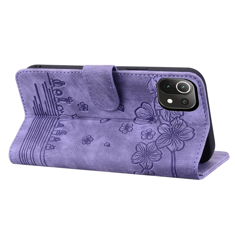 For Xiaomi Mi 11 Lite 4G / 5G Cartoon Sakura Cat Embossed Leather Phone Case(Purple) by buy2fix