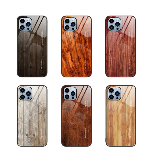 For iPhone 14 Pro Max Wood Grain Glass Protective Case (Dark Brown) by buy2fix