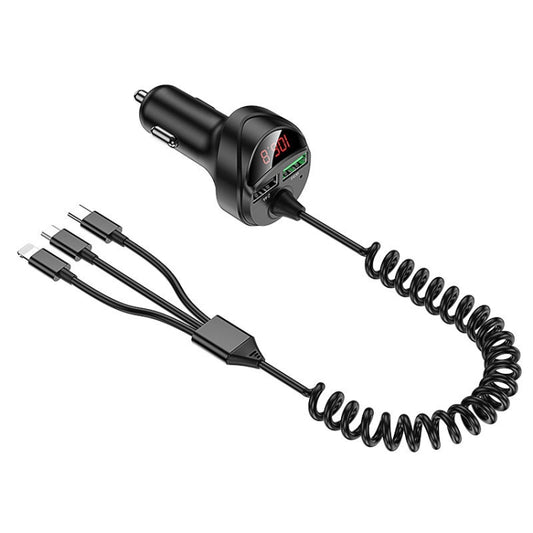 C68 LED Digital Display QC3.0 Fast Car Charger 3 in 1 with Spring Cable(Black) - In Car by buy2fix | Online Shopping UK | buy2fix